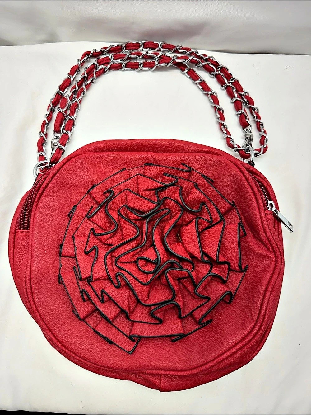 Red 3D Rosette Round Crossbody Bag | Faux Leather Rose Ruffle Purse Chain Strap